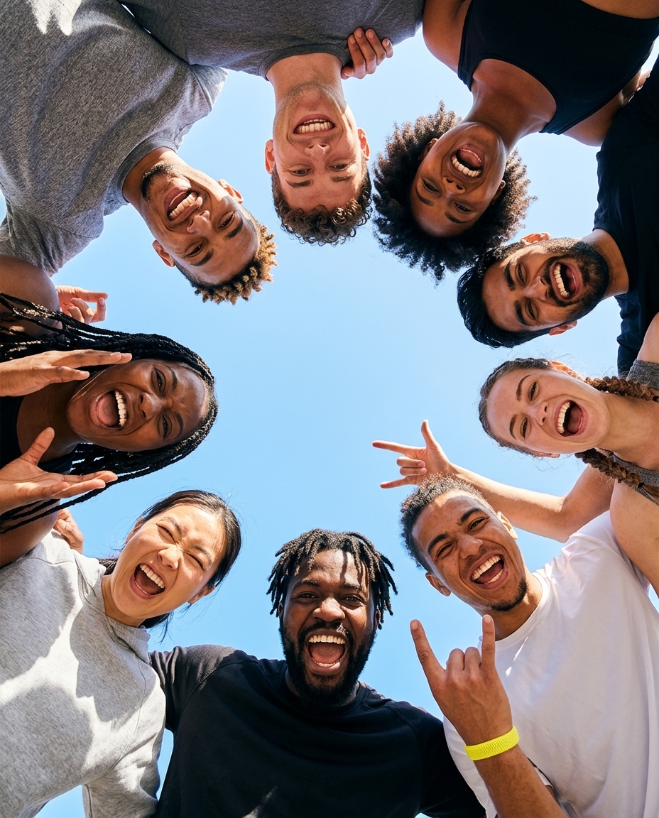 The squad leaning in over the camera, laughing