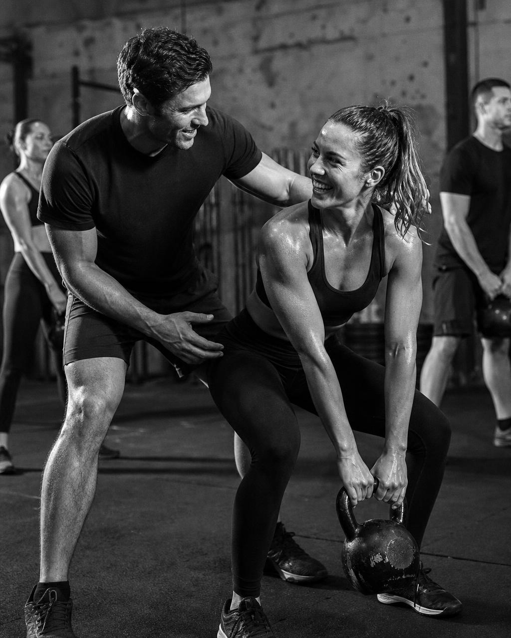 Coach and athlete sharing a genuine moment during a small-group strength session