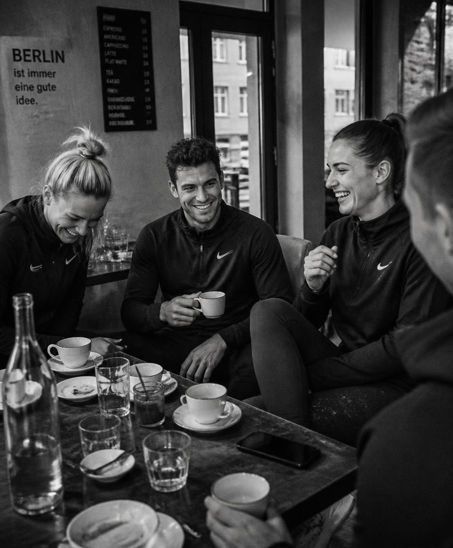 Squad members laughing over coffee after training
